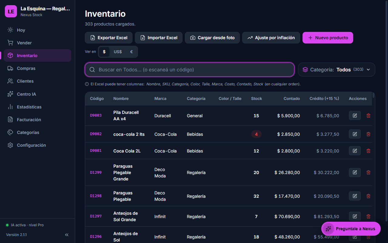 Nexus Stock 2: pantalla de Inventario con códigos, marcas, stock y precios de contado y crédito (demo «La Esquina»)